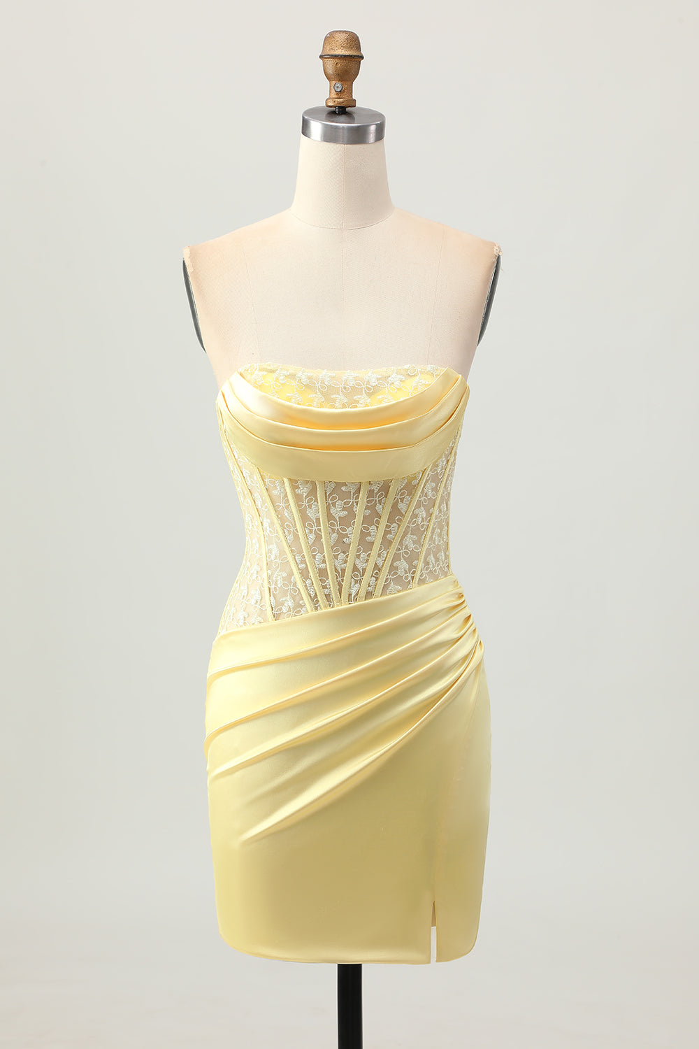 Strapless Corset Ruched Yellow Homecoming Dress With Slit
