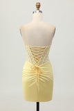 Strapless Corset Ruched Yellow Homecoming Dress With Slit