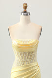 Strapless Corset Ruched Yellow Homecoming Dress With Slit