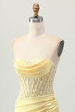 Strapless Corset Ruched Yellow Homecoming Dress With Slit