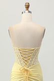 Strapless Corset Ruched Yellow Homecoming Dress With Slit