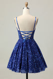 Dark Blue Corset A-Line Homecoming Dress With Sequins