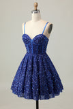 Dark Blue Corset A-Line Homecoming Dress With Sequins