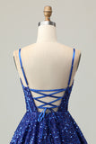 Dark Blue Corset A-Line Homecoming Dress With Sequins