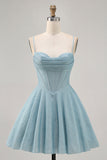 Corset A Line Spaghetti Straps Grey Blue Homecoming Dress with Lace-up Back