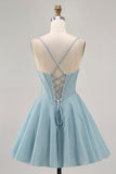 Corset A Line Spaghetti Straps Grey Blue Homecoming Dress with Lace-up Back