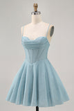 Corset A Line Spaghetti Straps Grey Blue Homecoming Dress with Lace-up Back