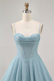 Corset A Line Spaghetti Straps Grey Blue Homecoming Dress with Lace-up Back