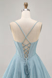 Corset A Line Spaghetti Straps Grey Blue Homecoming Dress with Lace-up Back