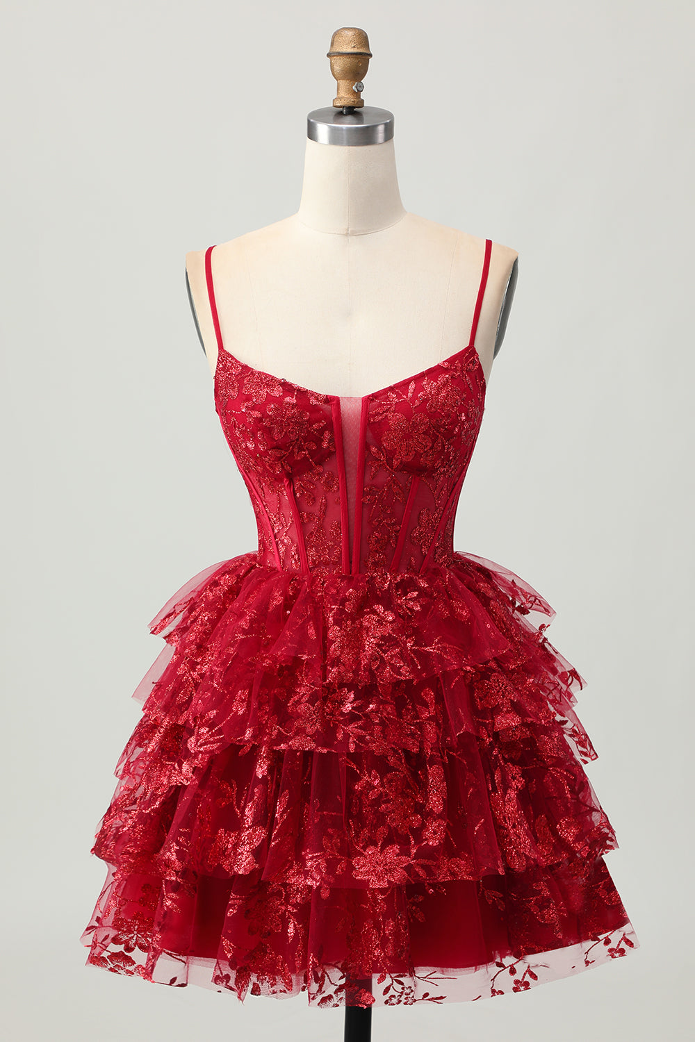 Dark Red Corset Tiered Ruffle A Line Homecoming Dress With Appliques