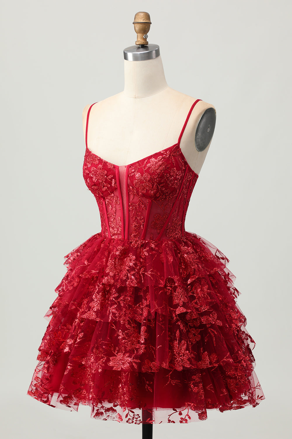 Dark Red Corset Tiered Ruffle A Line Homecoming Dress With Appliques