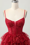 Dark Red Corset Tiered Ruffle A Line Homecoming Dress With Appliques