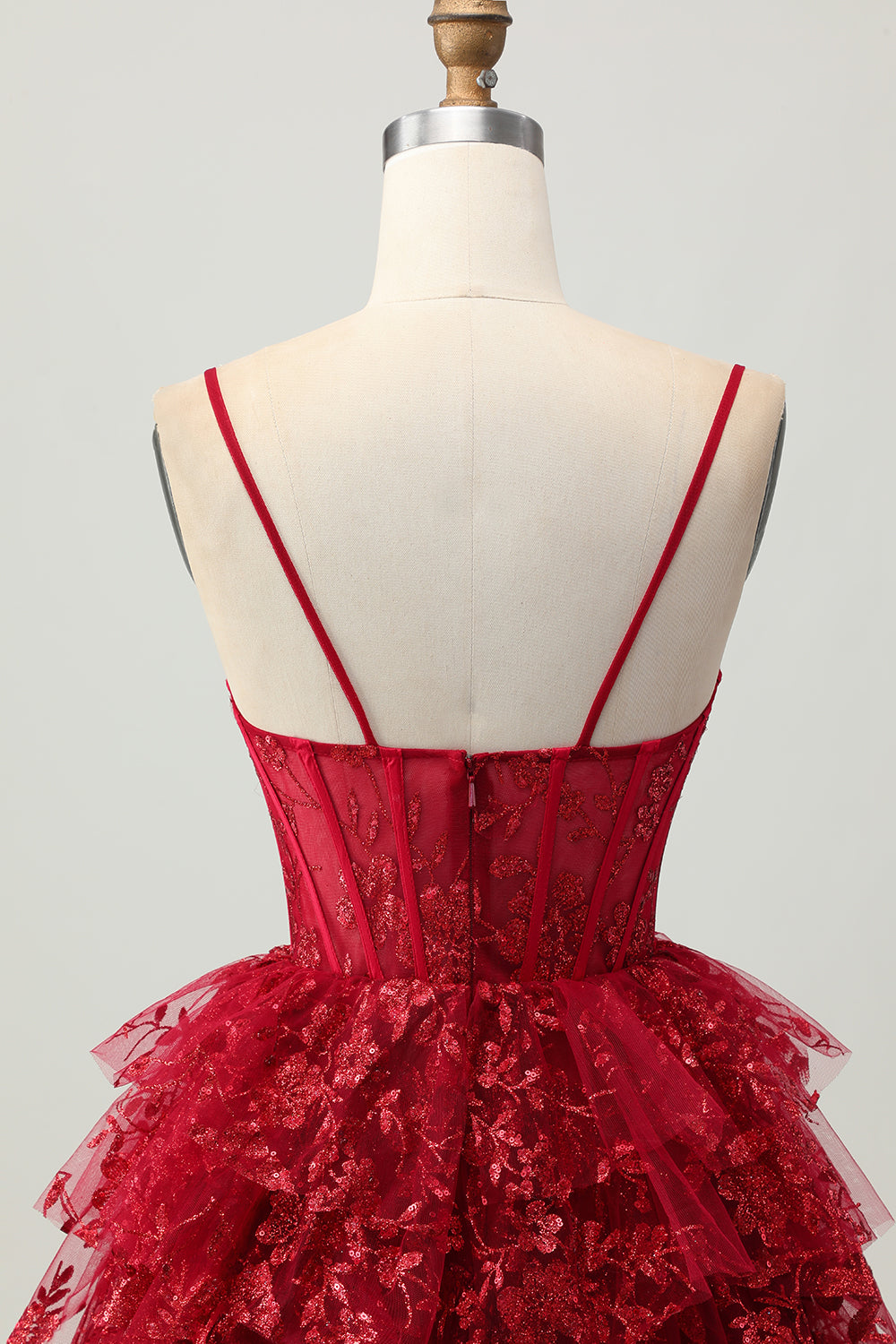 Dark Red Corset Tiered Ruffle A Line Homecoming Dress With Appliques