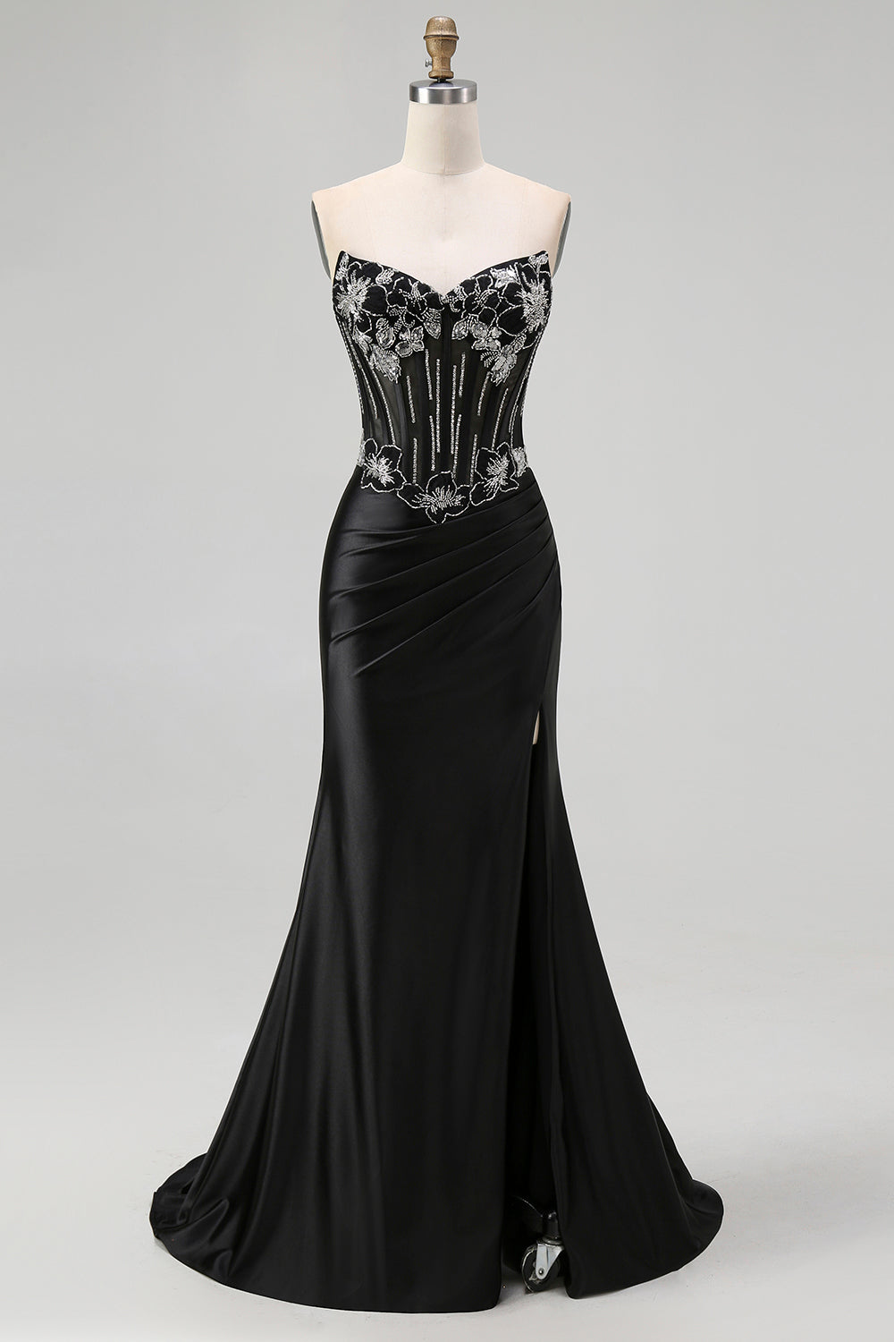 Black Beaded Strapless Corset Mermaid Prom Dress with Slit