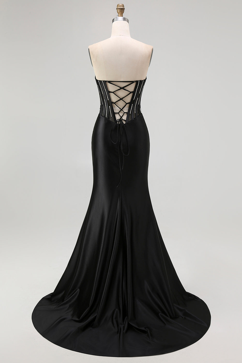Black Beaded Strapless Corset Mermaid Prom Dress with Slit