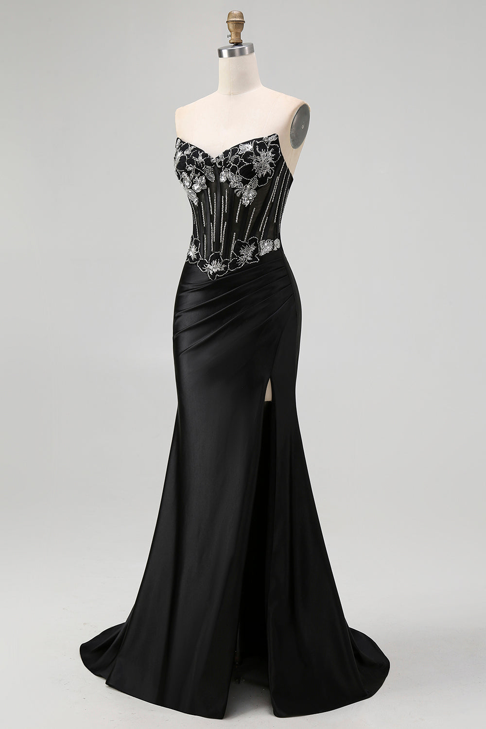 Black Beaded Strapless Corset Mermaid Prom Dress with Slit