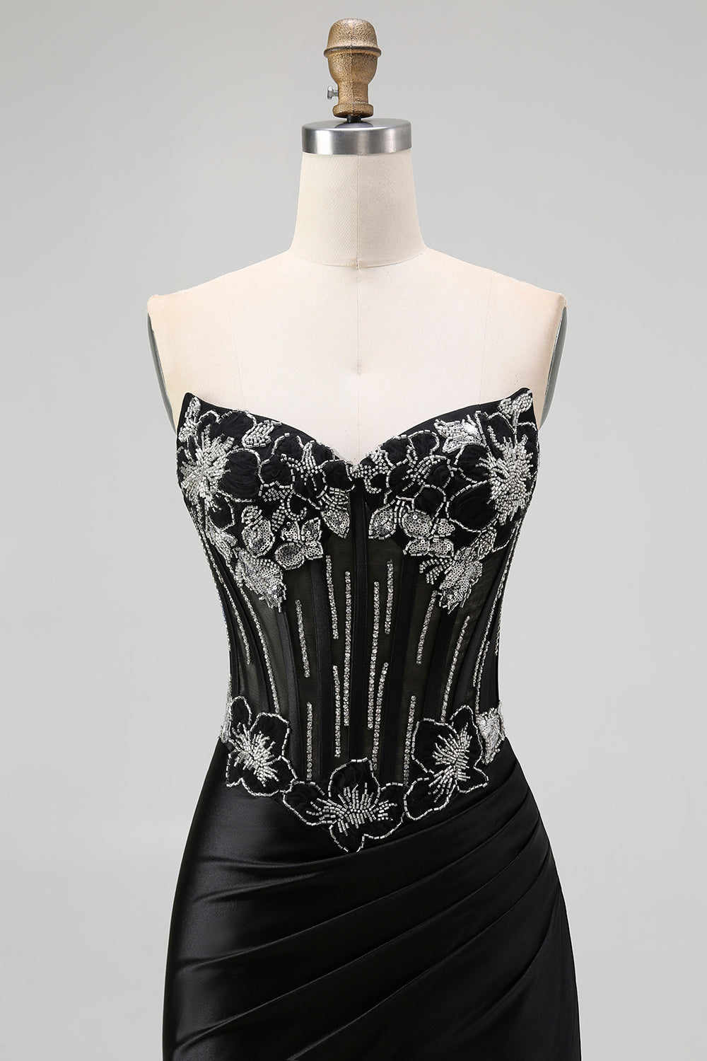 Black Beaded Strapless Corset Mermaid Prom Dress with Slit