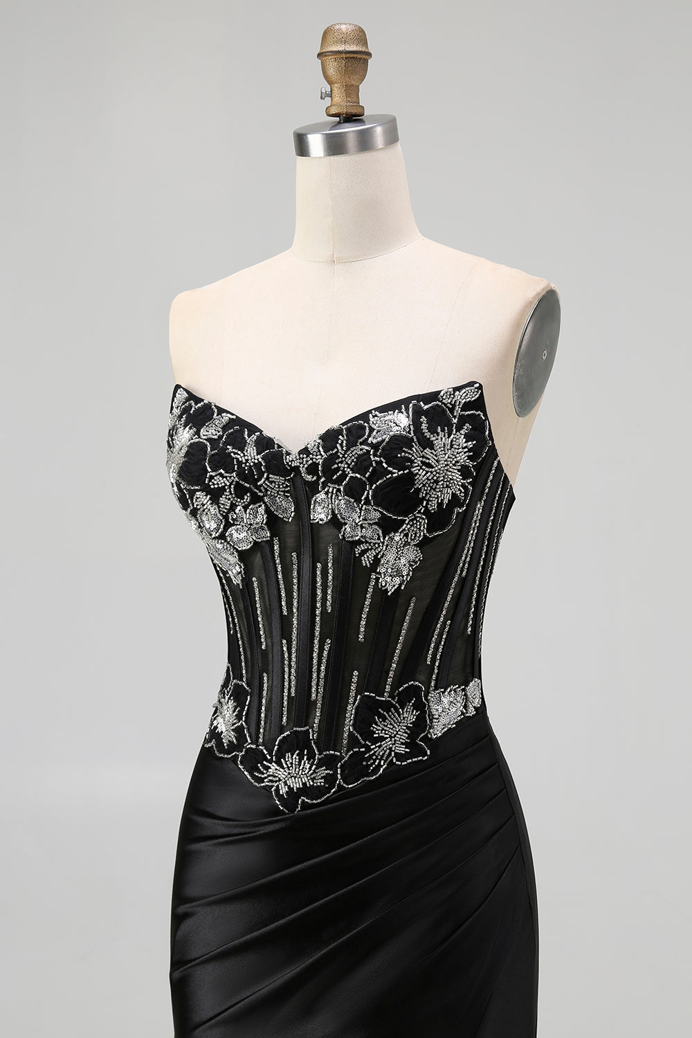 Black Beaded Strapless Corset Mermaid Prom Dress with Slit