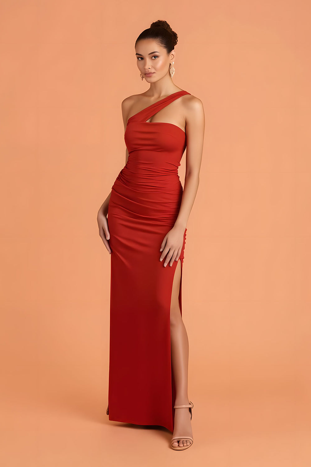 Dark Red One Shoulder Sheath Bridesmaid Dress With Slit