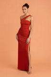 Dark Red One Shoulder Sheath Bridesmaid Dress With Slit