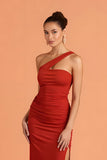 Dark Red One Shoulder Sheath Bridesmaid Dress With Slit