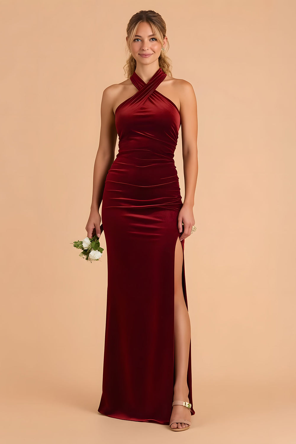 Burgundy Halter Sheath Velvet Bridesmaid Dress With Slit