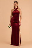 Burgundy Halter Sheath Velvet Bridesmaid Dress With Slit