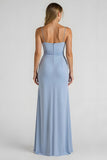 Sheath Ruched Light Blue Bridesmaid Dress With Slit