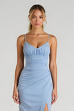 Sheath Ruched Light Blue Bridesmaid Dress With Slit