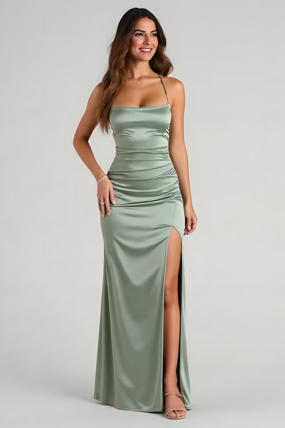 Eucalyptus Sheath Satin Bridesmaid Dress With Slit