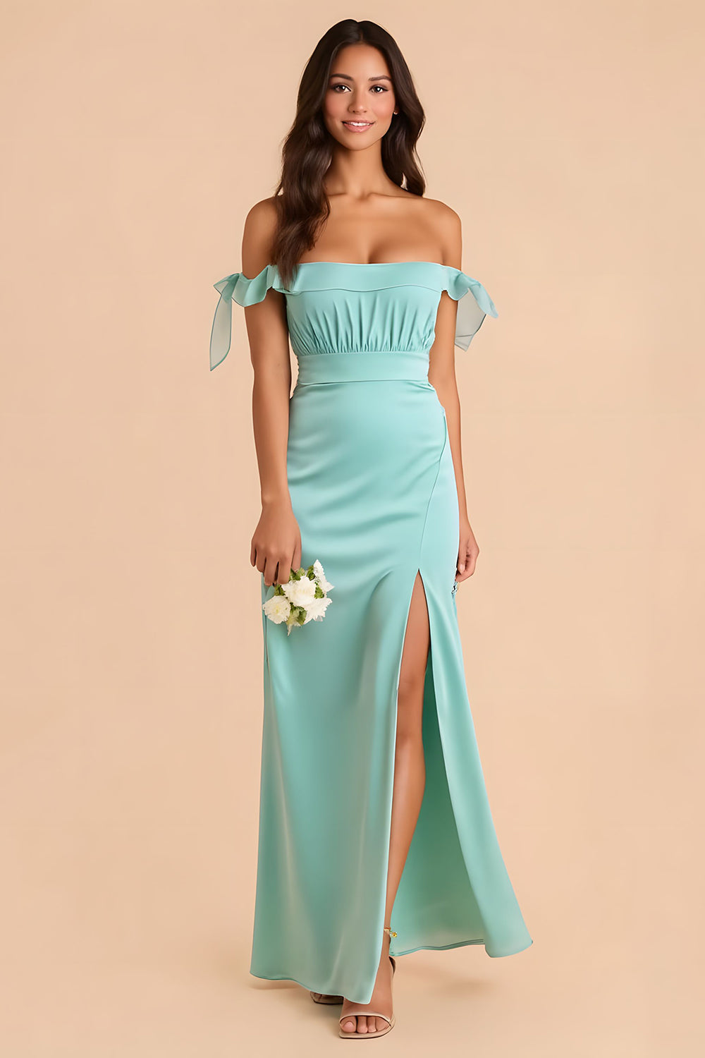 Off The Shoulder Mint Green Sheath Bridesmaid Dress With Slit
