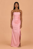 Strapless Blush Sheath Chiffon Bridesmaid Dress With Slit