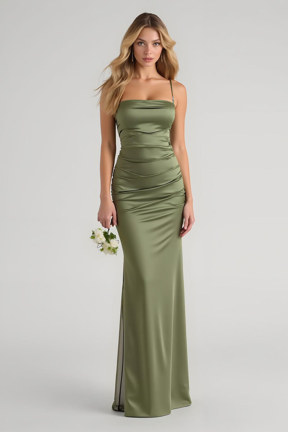 Olive Sheath Satin Maxi Bridesmaid Dress