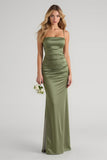 Olive Sheath Satin Maxi Bridesmaid Dress