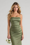 Olive Sheath Satin Maxi Bridesmaid Dress