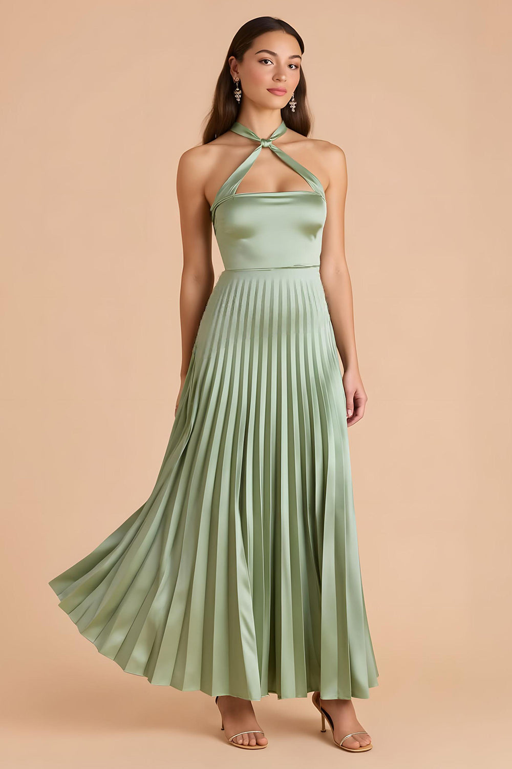 Sage Green Halter A-Line Pleated Bridesmaid Dress
