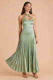 Sage Green Halter A-Line Pleated Bridesmaid Dress