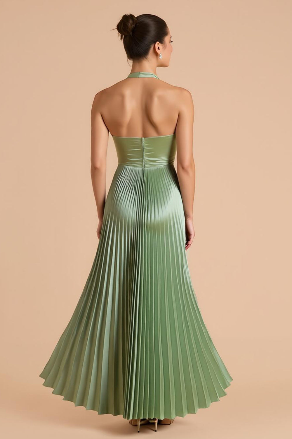 Sage Green Halter A-Line Pleated Bridesmaid Dress