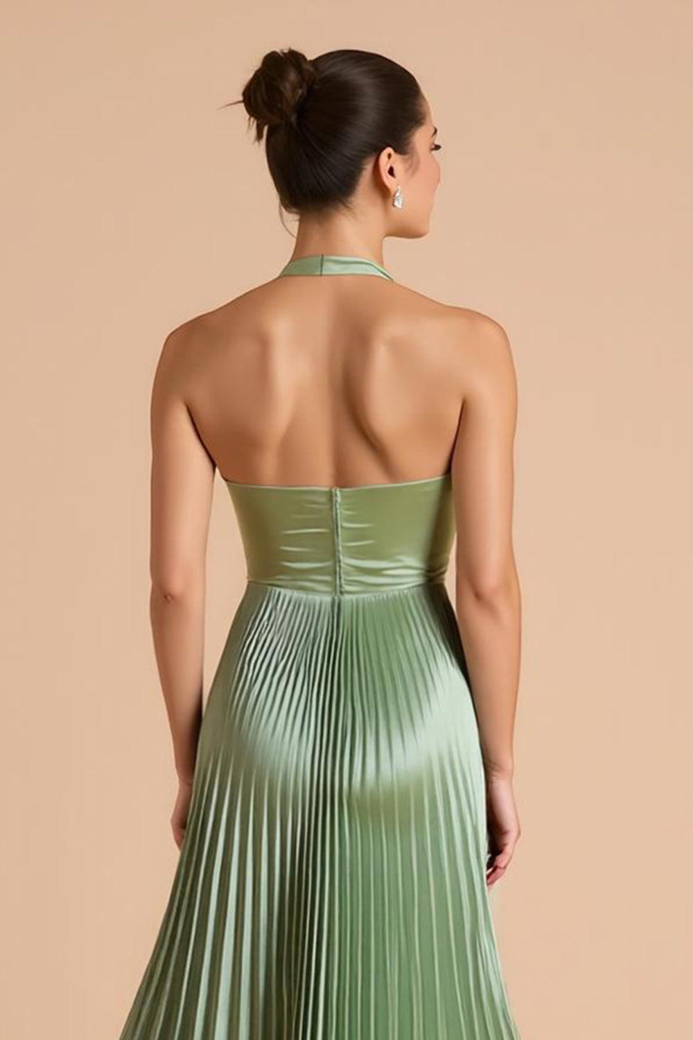 Sage Green Halter A-Line Pleated Bridesmaid Dress