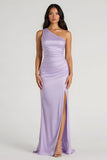 One Shoulder Lilac Sheath Bridesmaid Dress With Slit