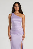 One Shoulder Lilac Sheath Bridesmaid Dress With Slit