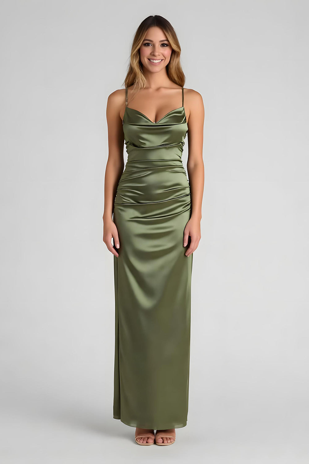 Sheath Satin Olive Spaghetti Straps Bridesmaid Dress