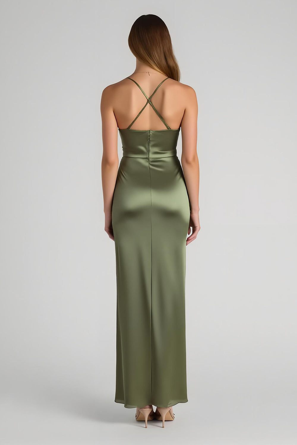 Sheath Satin Olive Spaghetti Straps Bridesmaid Dress