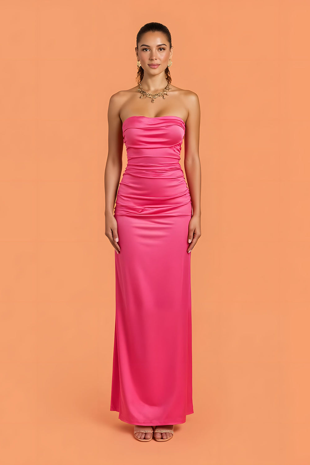 Hot Pink Strapless Sheath Maxi Bridesmaid Dress