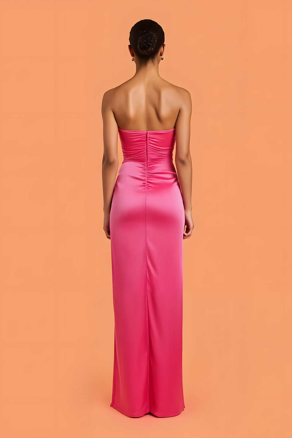 Hot Pink Strapless Sheath Maxi Bridesmaid Dress