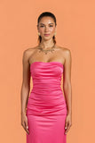 Hot Pink Strapless Sheath Maxi Bridesmaid Dress
