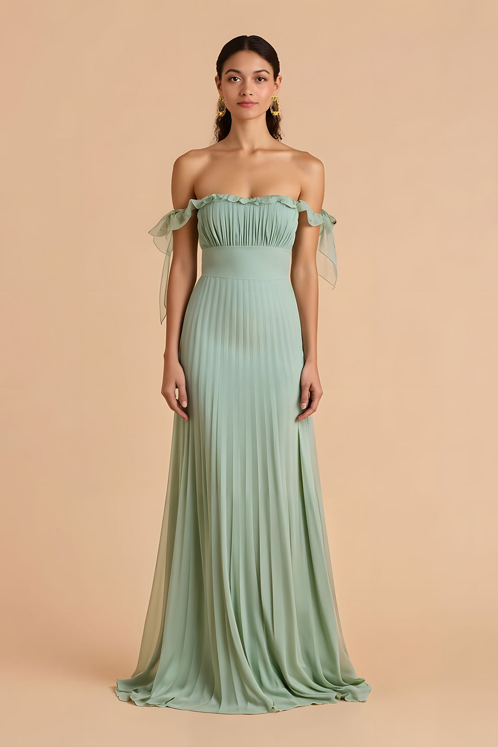 Off The Shoulder Chiffon A-Line Sage Green Bridesmaid Dress