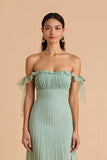 Off The Shoulder Chiffon A-Line Sage Green Bridesmaid Dress