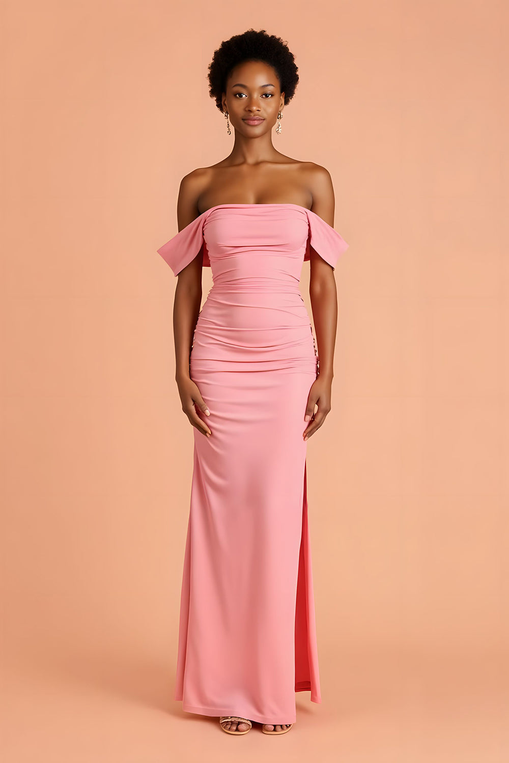 Off The Shoulder Sheath Pink Bridesmaid Dress With Slit