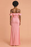Off The Shoulder Sheath Pink Bridesmaid Dress With Slit